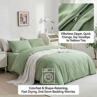 Full Light Green Washed Cotton Duvet Cover, 3pc Linen-Like Textured & Breathable