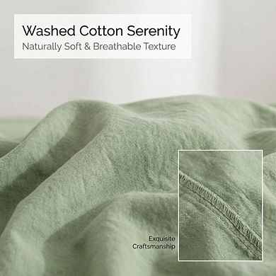 Full Light Green Washed Cotton Duvet Cover, 3pc Linen-Like Textured & Breathable