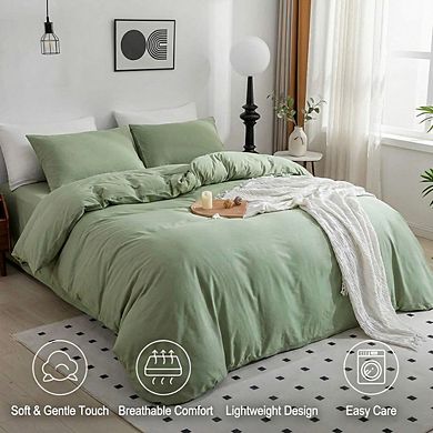 Full Light Green Washed Cotton Duvet Cover, 3pc Linen-Like Textured & Breathable
