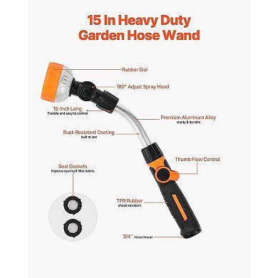 15-Inch Garden Watering Wand with 8 Spray Patterns and 180° Swivel Head - Black, Orange