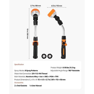 15-Inch Garden Watering Wand with 8 Spray Patterns and 180° Swivel Head - Black, Orange