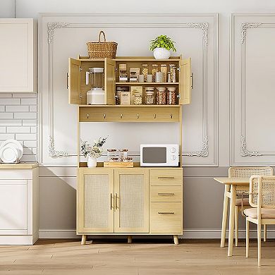 Kitchen Pantry Cabinet with Storage, Freestanding Hutch Sideboard Buffet Cabinet with Rattan Door