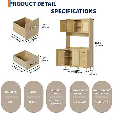Kitchen Pantry Cabinet with Storage, Freestanding Hutch Sideboard Buffet Cabinet with Rattan Door