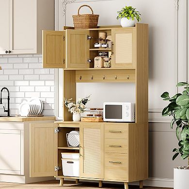Kitchen Pantry Cabinet with Storage, Freestanding Hutch Sideboard Buffet Cabinet with Rattan Door