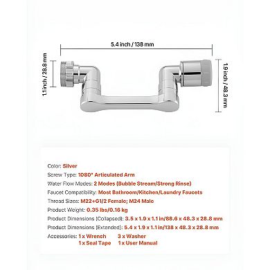 Rotating Faucet Extender with 1080° Swivel for Kitchen, Bathroom, or Laundry Sink - Silver