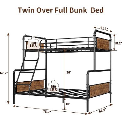 Industrial Twin Over Full Bunk Bed, Convertible to 2 Separate Single Beds,with Smooth Ladder