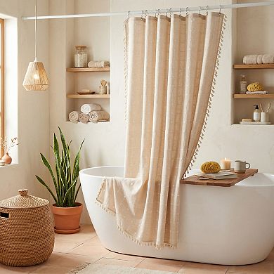 Boho Farmhouse Plaid Blend Shower Curtain Sets with Tassels, 12 Hooks , Water Repellent for Bathroom