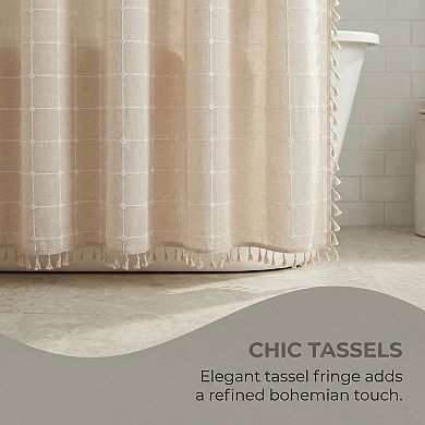 Boho Farmhouse Plaid Blend Shower Curtain Sets with Tassels, 12 Hooks , Water Repellent for Bathroom
