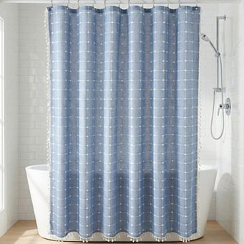 Boho Farmhouse Plaid Blend Shower Curtain Sets with Tassels, 12 Hooks , Water Repellent for Bathroom