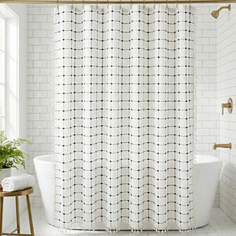 Boho Farmhouse Plaid Blend Shower Curtain Sets with Tassels, 12 Hooks , Water Repellent for Bathroom