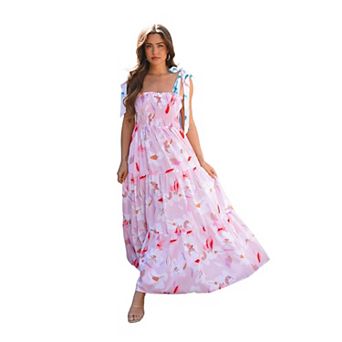 Pink Floral Print Knotted Shoulder Smocked Maxi Dress