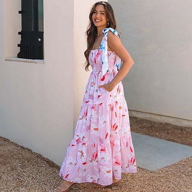 Pink Floral Print Knotted Shoulder Smocked Maxi Dress