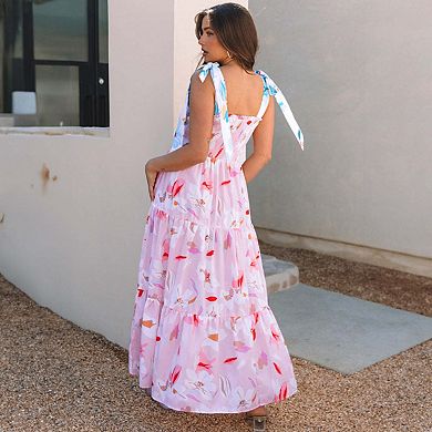 Pink Floral Print Knotted Shoulder Smocked Maxi Dress