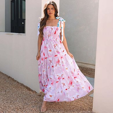 Pink Floral Print Knotted Shoulder Smocked Maxi Dress