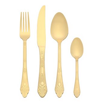 4 pc Silverware Set, Stainless Steel Floral Flatware Set for 1, Set Includes Knife Fork Spoons