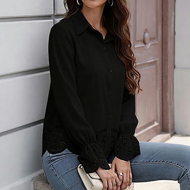 Women's Collar Long Sleeve Eyelet Embroidery Scalloped Hem Button Front Blouse Shirts