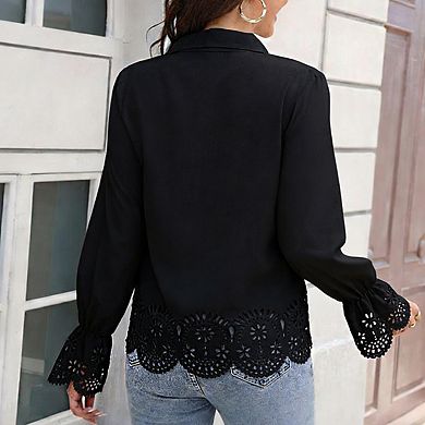 Women's Collar Long Sleeve Eyelet Embroidery Scalloped Hem Button Front Blouse Shirts