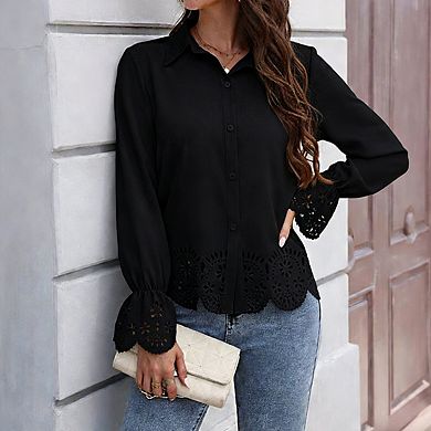 Women's Collar Long Sleeve Eyelet Embroidery Scalloped Hem Button Front Blouse Shirts
