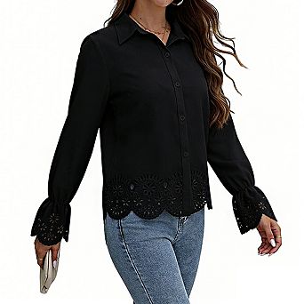 Women's Collar Long Sleeve Eyelet Embroidery Scalloped Hem Button Front Blouse Shirts