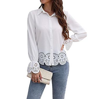 Women's Collar Long Sleeve Eyelet Embroidery Scalloped Hem Button Front Blouse Shirts