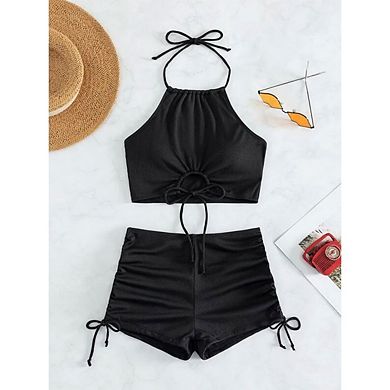 Women’s Two Piece Bikini Set Halter Cutout Crop Top and Ruched Drawstring Shorts Swimsuit Beachwear
