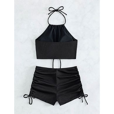 Women’s Two Piece Bikini Set Halter Cutout Crop Top and Ruched Drawstring Shorts Swimsuit Beachwear