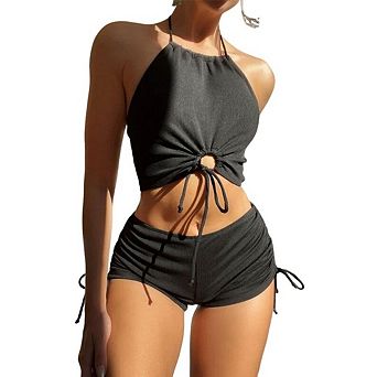 Women’s Two Piece Bikini Set Halter Cutout Crop Top and Ruched Drawstring Shorts Swimsuit Beachwear