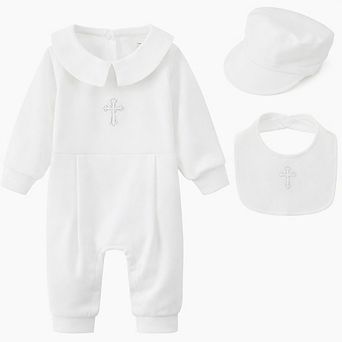 Baby Boys Embroidered Cross After Baptism Outfit Set with Bib and Hat