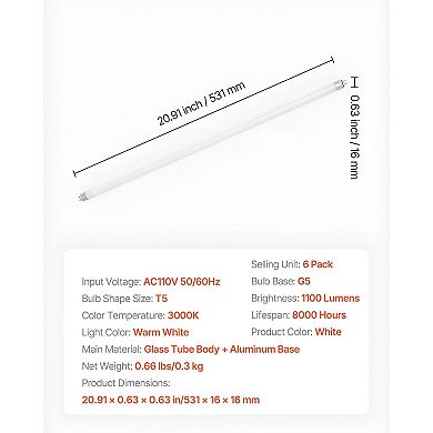 6-Pack 21-Inch T5 Fluorescent Bulbs 1100 Lumens 3000K Warm White