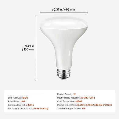 12-Pack BR30 LED Flood Light Bulbs 850 Lumens 3000K Warm White Dimmable - White, Silver