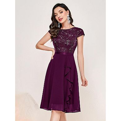Womens Elegant Glitter Sequin Ruffle Style Cocktail Prom Dress