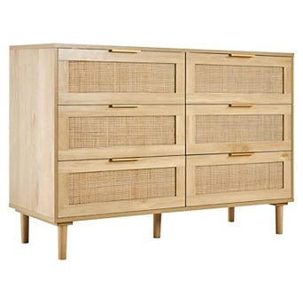 Six-Drawer Rattan Dresser with Top Surface for Bedroom or Living Room - Natural