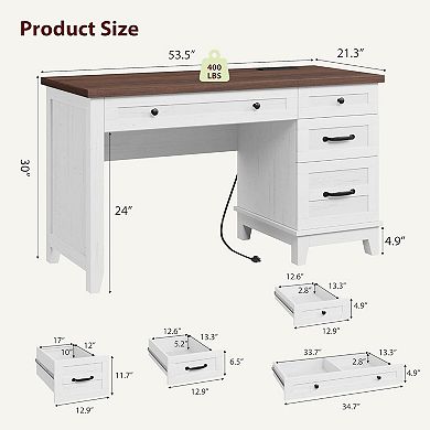 Farmhouse Office Desk with Charging Station & File Drawer