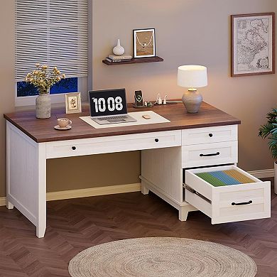 Farmhouse Office Desk with Charging Station & File Drawer