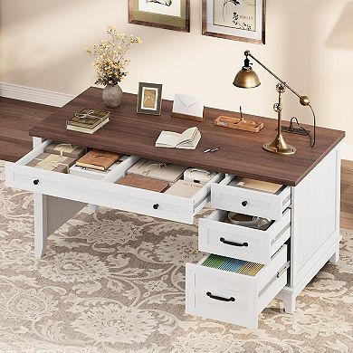 Farmhouse Office Desk with Charging Station & File Drawer
