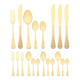 20 pc Silverware Set, Stainless Steel Floral Flatware Set for 4, Includes Knife Forks Spoons