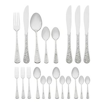 20 pc Silverware Set, Stainless Steel Floral Flatware Set for 4, Includes Knife Forks Spoons