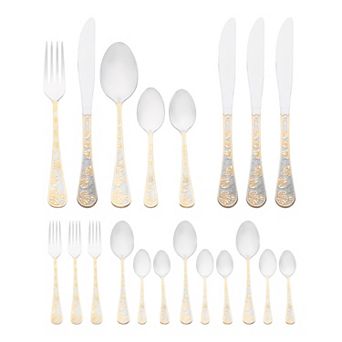 20 pc Silverware Set, Stainless Steel Floral Flatware Set for 4, Includes Knife Forks Spoons