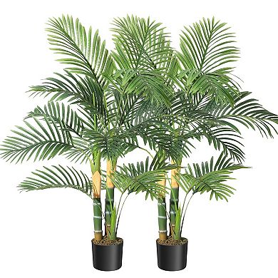 2-Pack 4FT Artificial Golden Cane Palm Trees, Double Trunk, Green