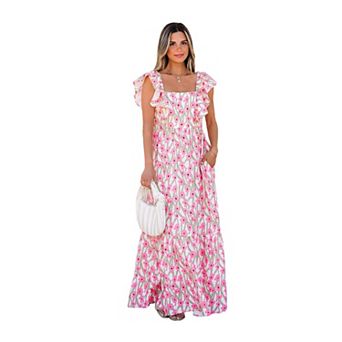 Pink Floral Print Square Neck Ruffled Strap Maxi Dress