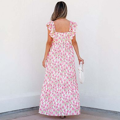 Pink Floral Print Square Neck Ruffled Strap Maxi Dress