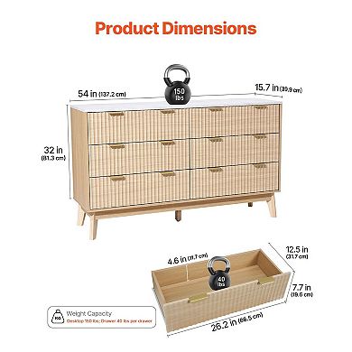 Modern 6-Drawer Dresser for Bedroom, Entryway, or Living Room Use - Natural