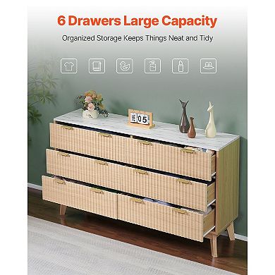 Modern 6-Drawer Dresser for Bedroom, Entryway, or Living Room Use - Natural