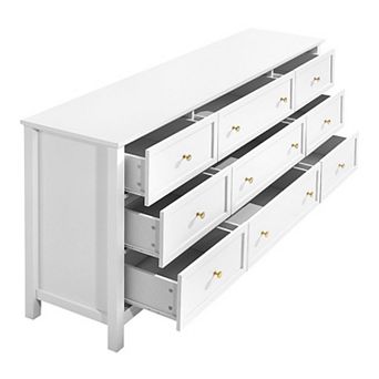 Nine-Drawer Vintage Dresser with Metal Handles for Bedroom or Entryway - White