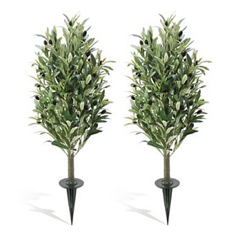 2-Pack 3FT Artificial Olive Trees with Ground Spikes, UV-Resistant, Green