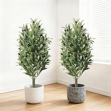 2-Pack 3FT Artificial Olive Trees with Ground Spikes, UV-Resistant, Green