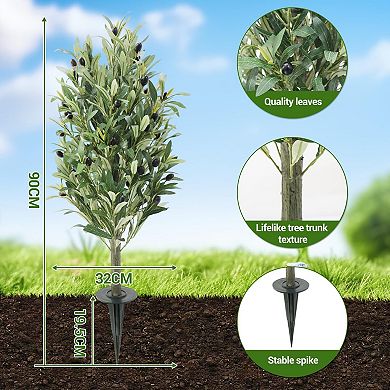 2-Pack 3FT Artificial Olive Trees with Ground Spikes, UV-Resistant, Green