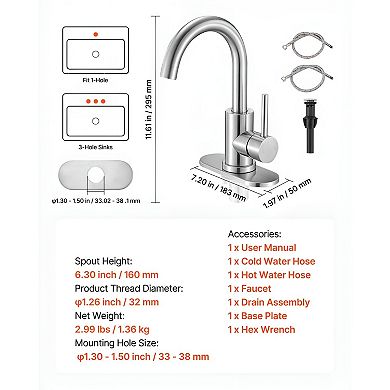 RV Kitchen Sink Faucet with High-Arc 360° Swivel and Push-Button Drain - Silver