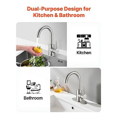 RV Kitchen Sink Faucet with High-Arc 360° Swivel and Push-Button Drain - Silver