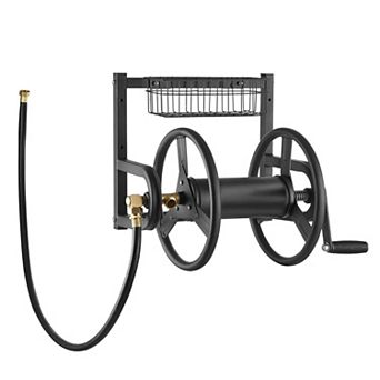 Wall-Mount Garden Hose Reel with Rust-Resistant Steel and Mesh Tool Storage - Black